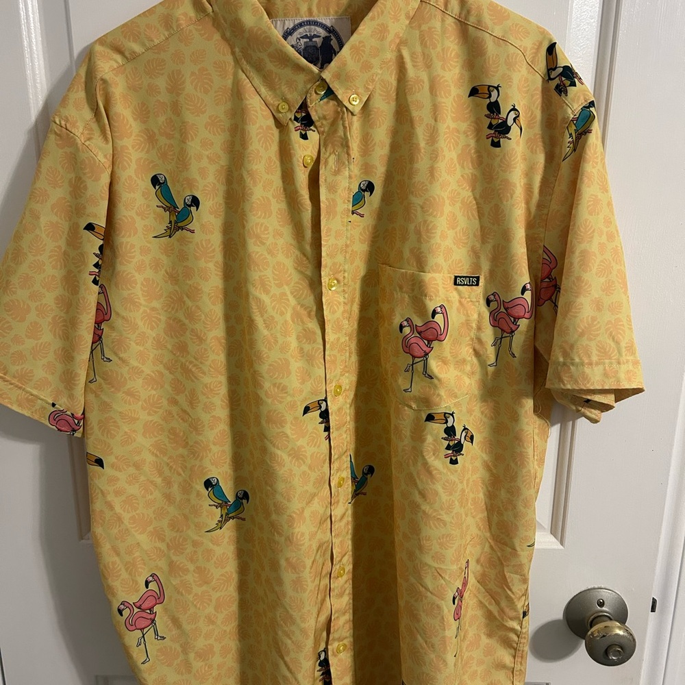 RSVLTS Yellow “Love Birds” pattern button down shirt
